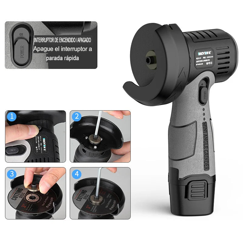 Mini amoladora angular de 12 V con disco de corte